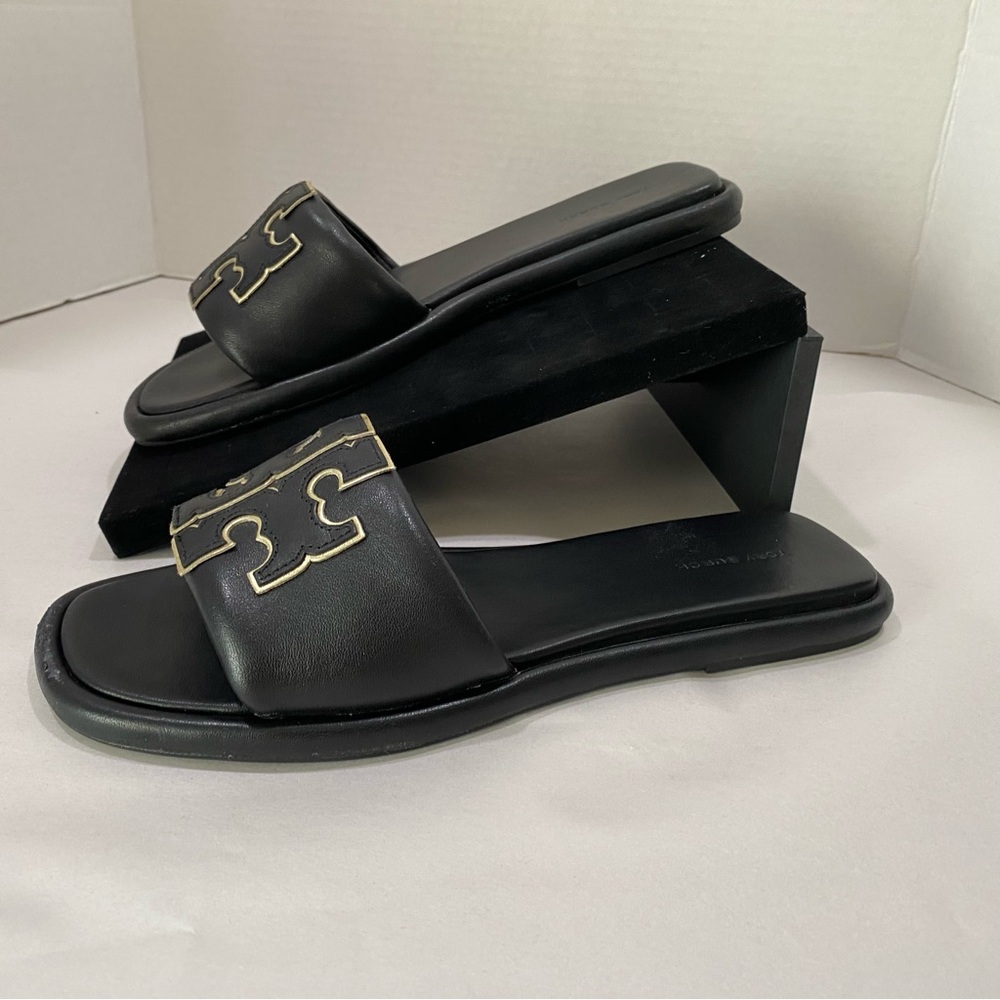 NEW Tory Burch Ines Slide Sandals Black Leather Double-T Logo - Picture 3 of 14